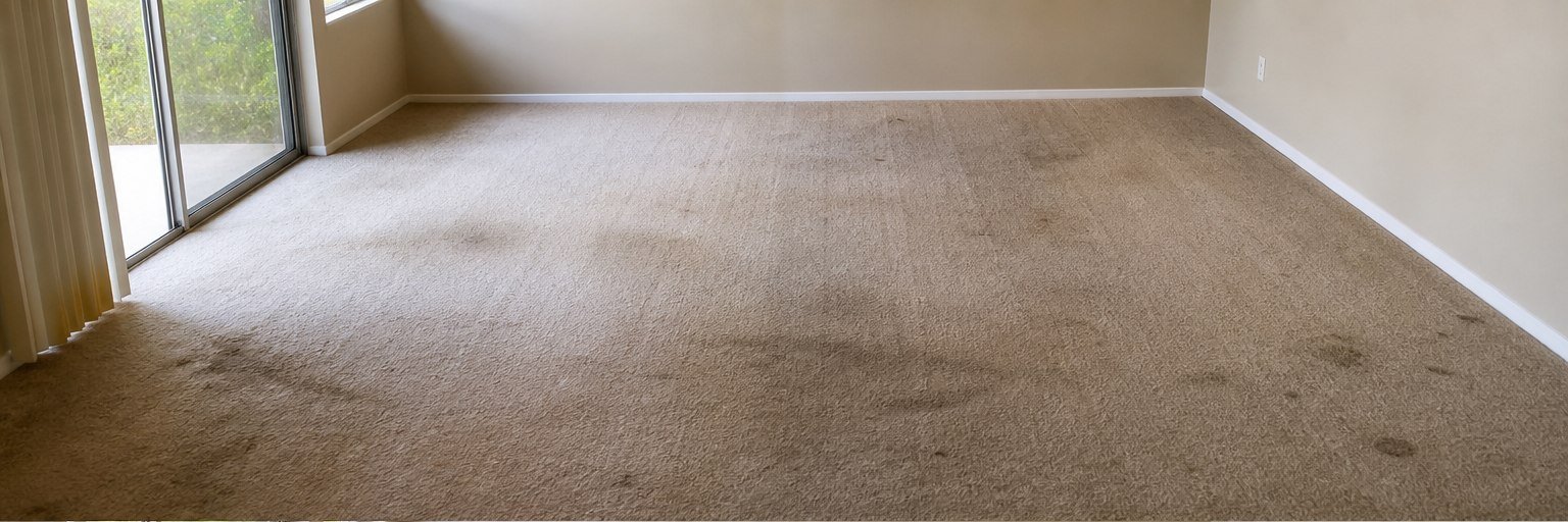 Heavily soiled and stained carpet before STN Property Services deep cleaning