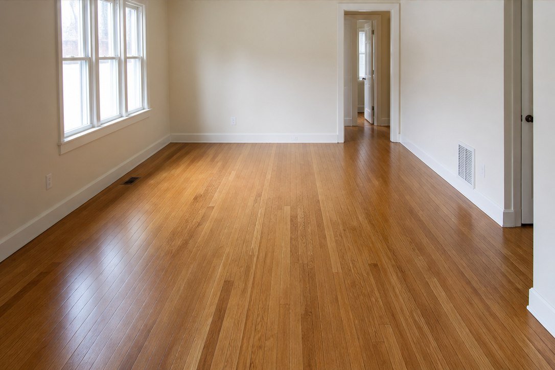 Refinished hardwood floor with even stain after STN Property Services work