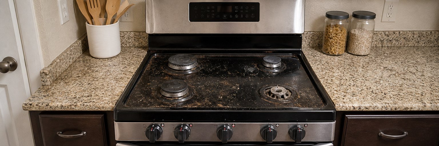 Stained damaged stovetop before STN Property Services appliance repair